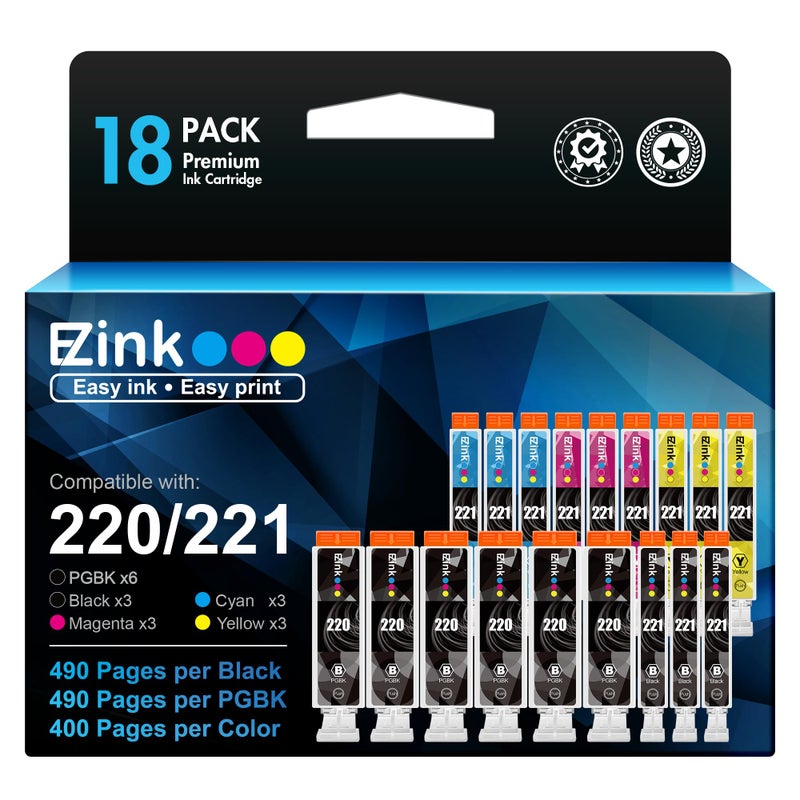 E-Z Ink Compatible Ink Cartridge Replacement for Canon 220 221 PGI-220 CLI-221 Ink to use with Canon MX860 MX870 MP980 MP990 MP560 (6 Large Black,3 Cyan, 3 Magenta, 3 Yellow, 3 Small Black) 18 Pack - Image 1